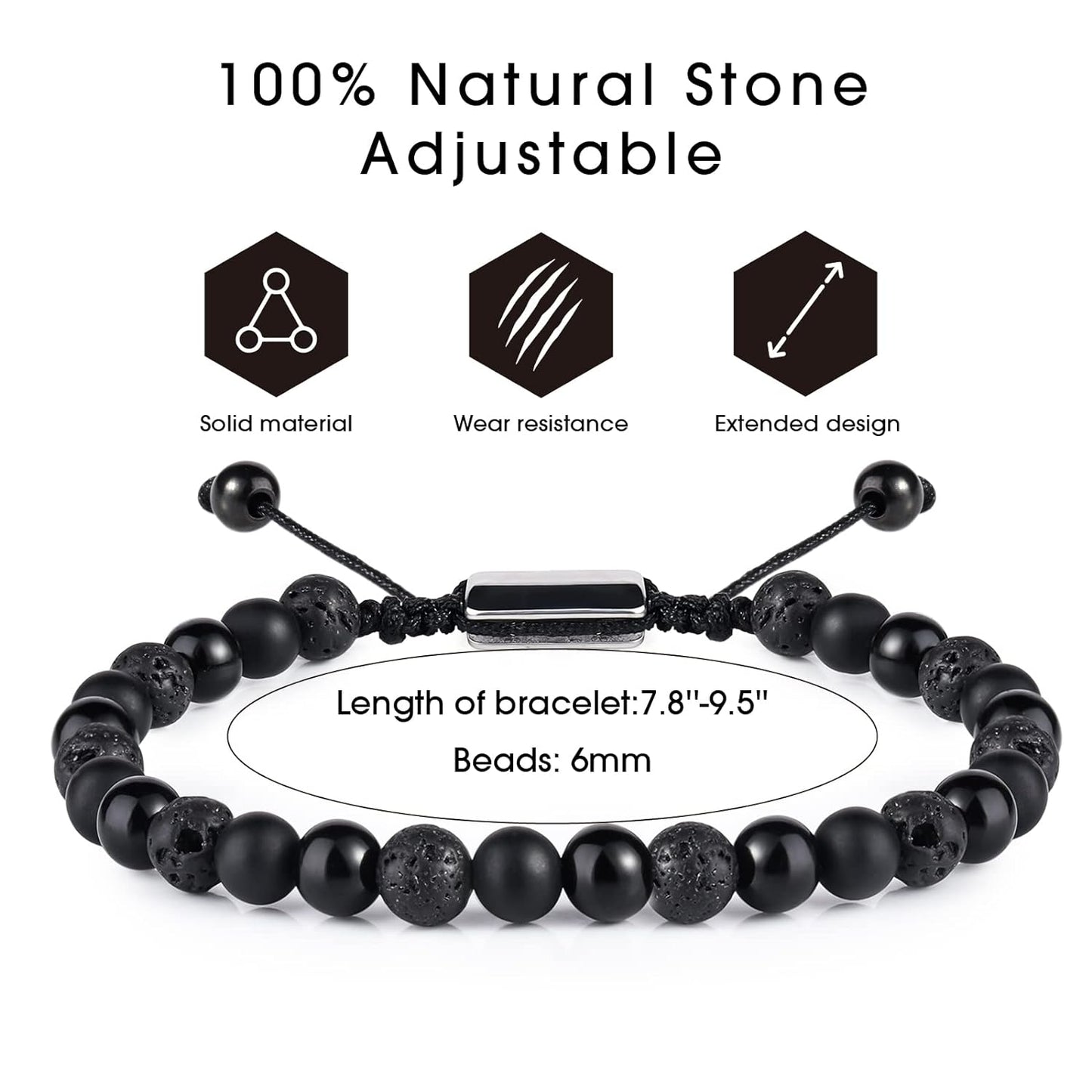 CARITATE Black Beaded Bracelets for Men Boys - 6mm Obsidian Onyx Lava Beads Mens Bracelet Set for Couples - Valentines Day Birthday Gifts Mens Jewelry for Boyfriend Husband Him