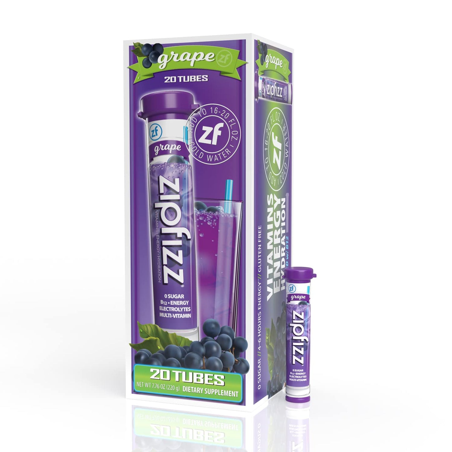 Zipfizz Energy Drink Mix, Electrolyte Hydration Powder with B12 and Multi Vitamin, Grape (20 Pack)