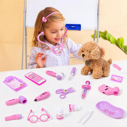 Meland Toy Doctor Kit for Girls - Pretend Play Doctor Set with Dog Toy, Carrying Bag, Stethoscope Toy & Dress Up Costume - Doctor Play Gift for Kids Toddlers Ages 3 4 5 6 Year Old for Role Play