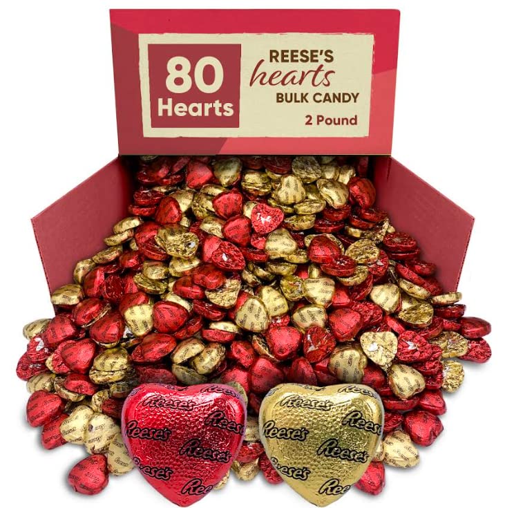 REESESValentines Day Milk Chocolate Peanut Butter Hearts 2LB Gold and Red Foils Individually Wrapped Bulk (2 Pounds)