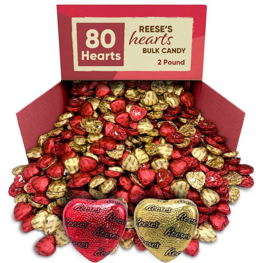 REESESValentines Day Milk Chocolate Peanut Butter Hearts 2LB Gold and Red Foils Individually Wrapped Bulk (2 Pounds)