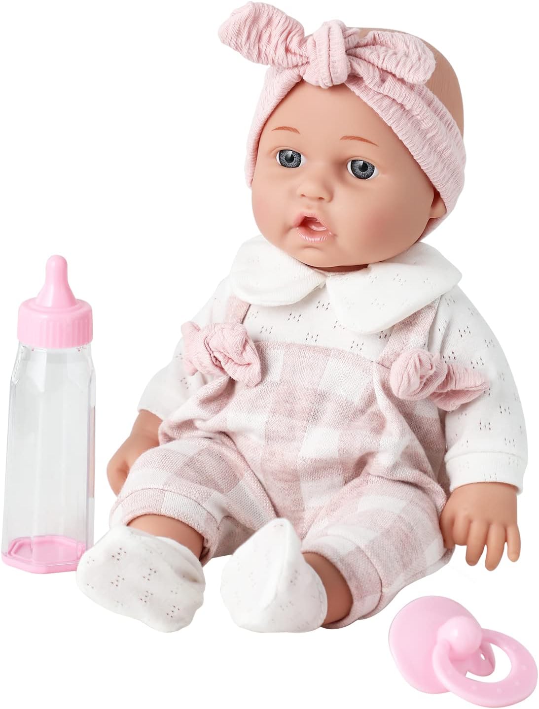 Enjoyin 12'' Baby Doll in Gift Box with Pink Cloths, Pacifier, 13''x13'' Microfabric Blanket, and Feeding Bottle. Gift Idea for Ages 3+