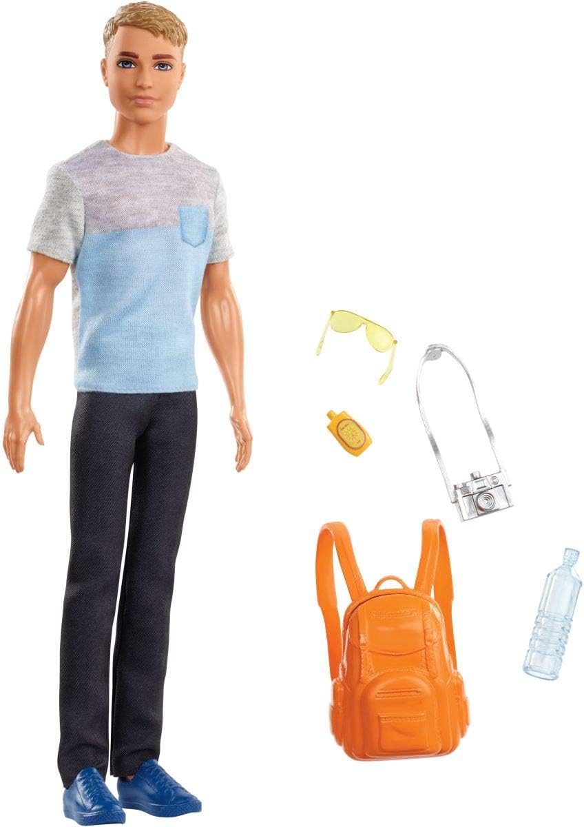 Barbie Travel Ken Doll, Dark Blonde, with 5 Accessories Including a Camera and Backpack, for 3 to 7 Year Olds