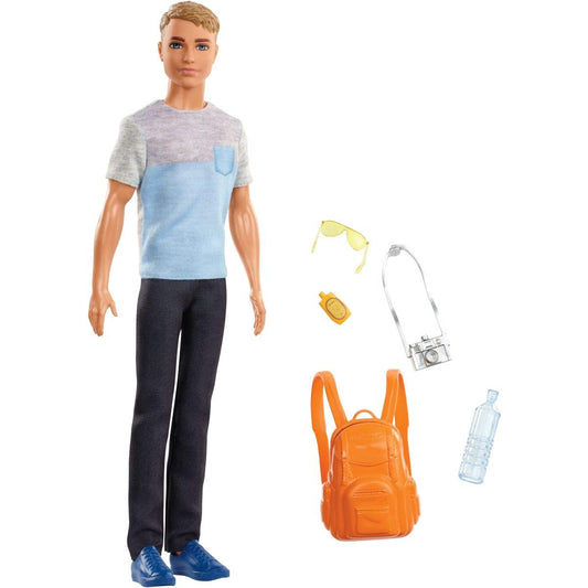 Barbie Travel Ken Doll, Dark Blonde, with 5 Accessories Including a Camera and Backpack, for 3 to 7 Year Olds