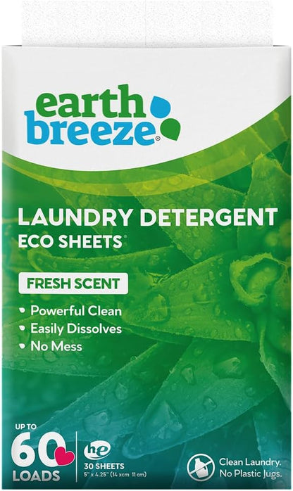 Earth Breeze Laundry Detergent Sheets - Fresh Scent - No Plastic Jug (60 Loads) 30 Sheets, Liquidless Technology