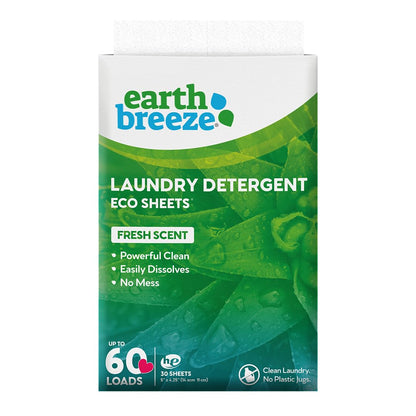 Earth Breeze Laundry Detergent Sheets - Fresh Scent - No Plastic Jug (60 Loads) 30 Sheets, Liquidless Technology