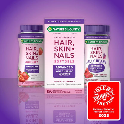 Nature's Bounty Advanced Hair, Skin & Nails, Argan-Infused Vitamin Supplement with Biotin and Hyaluronic Acid, 150 Rapid Release Softgels