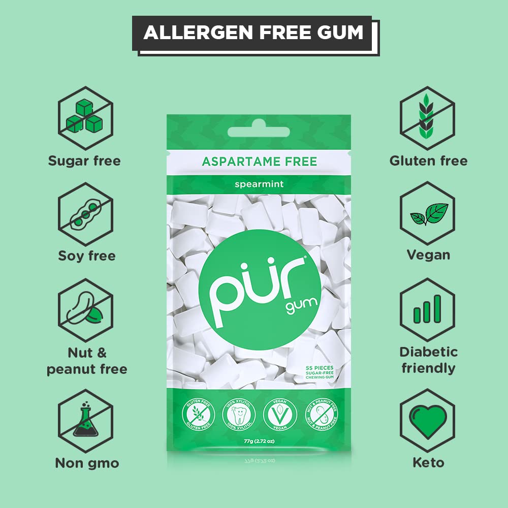 PUR Gum | Aspartame Free Chewing Gum | 100% Xylitol | Natural Spearmint Flavored Gum, 55 Pieces (Pack of 1)