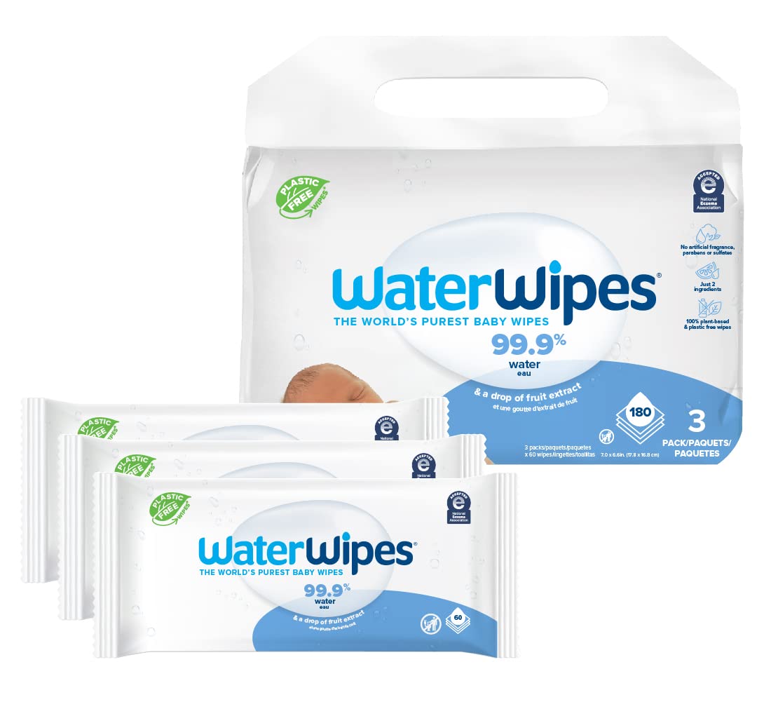 WaterWipes Plastic-Free Original Baby Wipes, 99.9% Water Based Wipes, Unscented & Hypoallergenic for Sensitive Skin, 180 Count (3 packs), Packaging May Vary