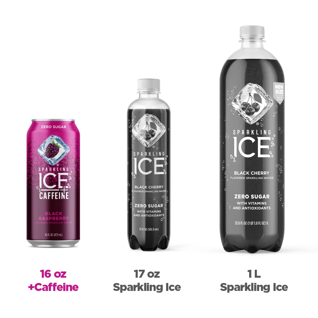 Sparkling Ice +Caffeine Black Raspberry Sparkling Water, with Antioxidants and Vitamins, Zero Sugar, 16 fl oz Cans (Pack of 12)