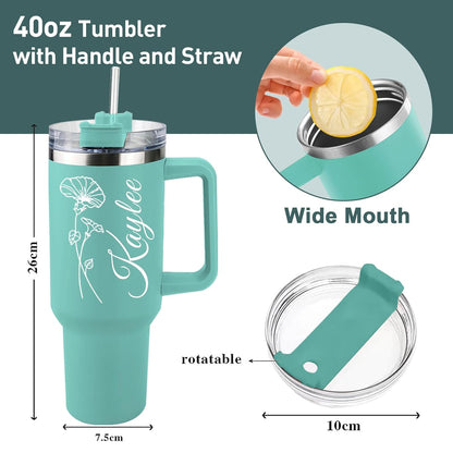 Elemtansy Personalized 40 Oz Tumbler with Handle and Straw, Custom Insulated Stainless Steel Tumbler with Name Travel Coffee Mug Birthday Gift for Women Men