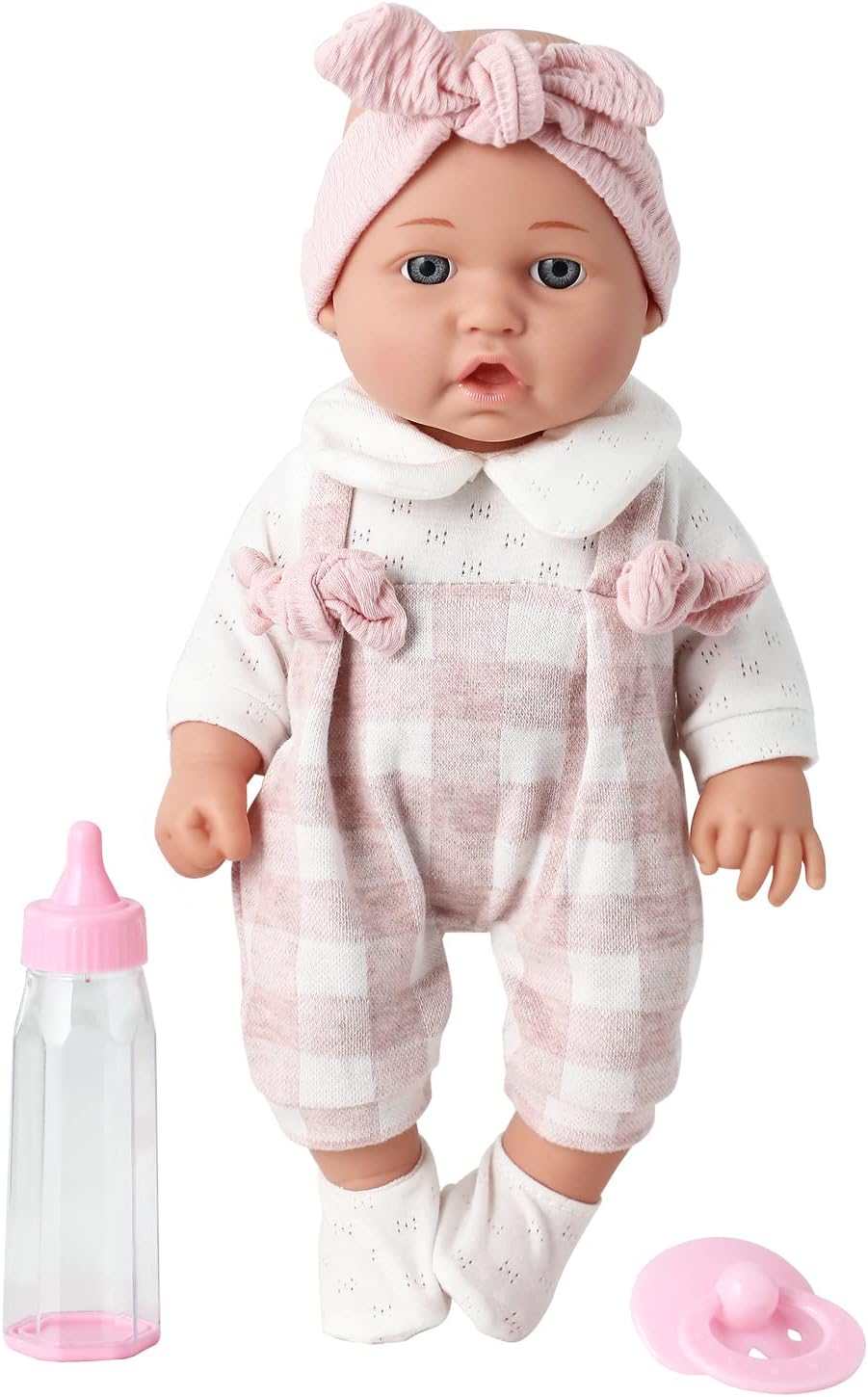 Enjoyin 12'' Baby Doll in Gift Box with Pink Cloths, Pacifier, 13''x13'' Microfabric Blanket, and Feeding Bottle. Gift Idea for Ages 3+