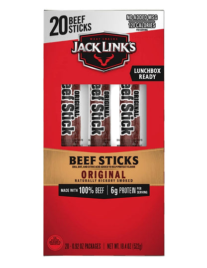 Jack Link's Beef Sticks, Original – Protein Snack, Meat Stick with 6g of Protein, Made with 100% Beef, Great Stocking Stuffer Gift, No Added MSG – 0.92 Oz. (20 Count)