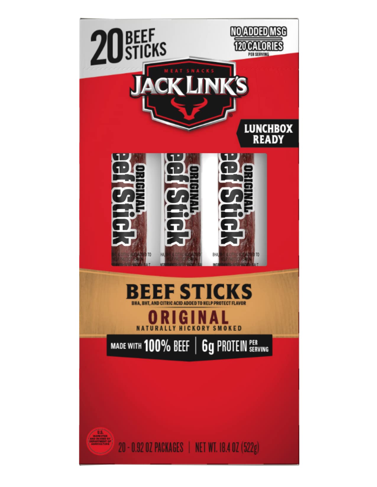 Jack Link's Beef Sticks, Original – Protein Snack, Meat Stick with 6g of Protein, Made with 100% Beef, Great Stocking Stuffer Gift, No Added MSG – 0.92 Oz. (20 Count)