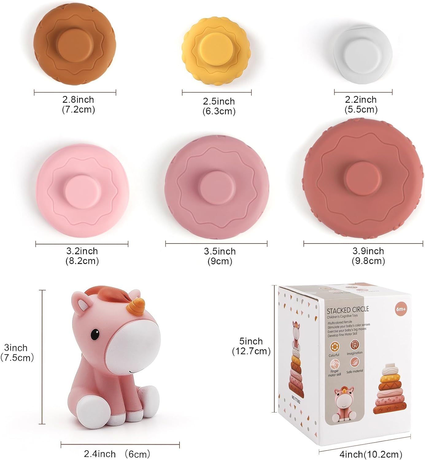 Nueplay 7 Pcs Stacking & Nesting Baby Toys, Squeeze Teething Baby Toys and Building Circle with Pink Horse Figure, Newborn Essentials for 6 12 18 Months Baby Toddler Girls