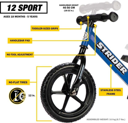 Strider 12” Sport Bike - No Pedal Balance Bicycle for Kids 18 Months to 5 Years - Includes Safety Pad, Padded Seat, Mini Grips & Flat-Free Tires - Tool-Free Assembly & Adjustments