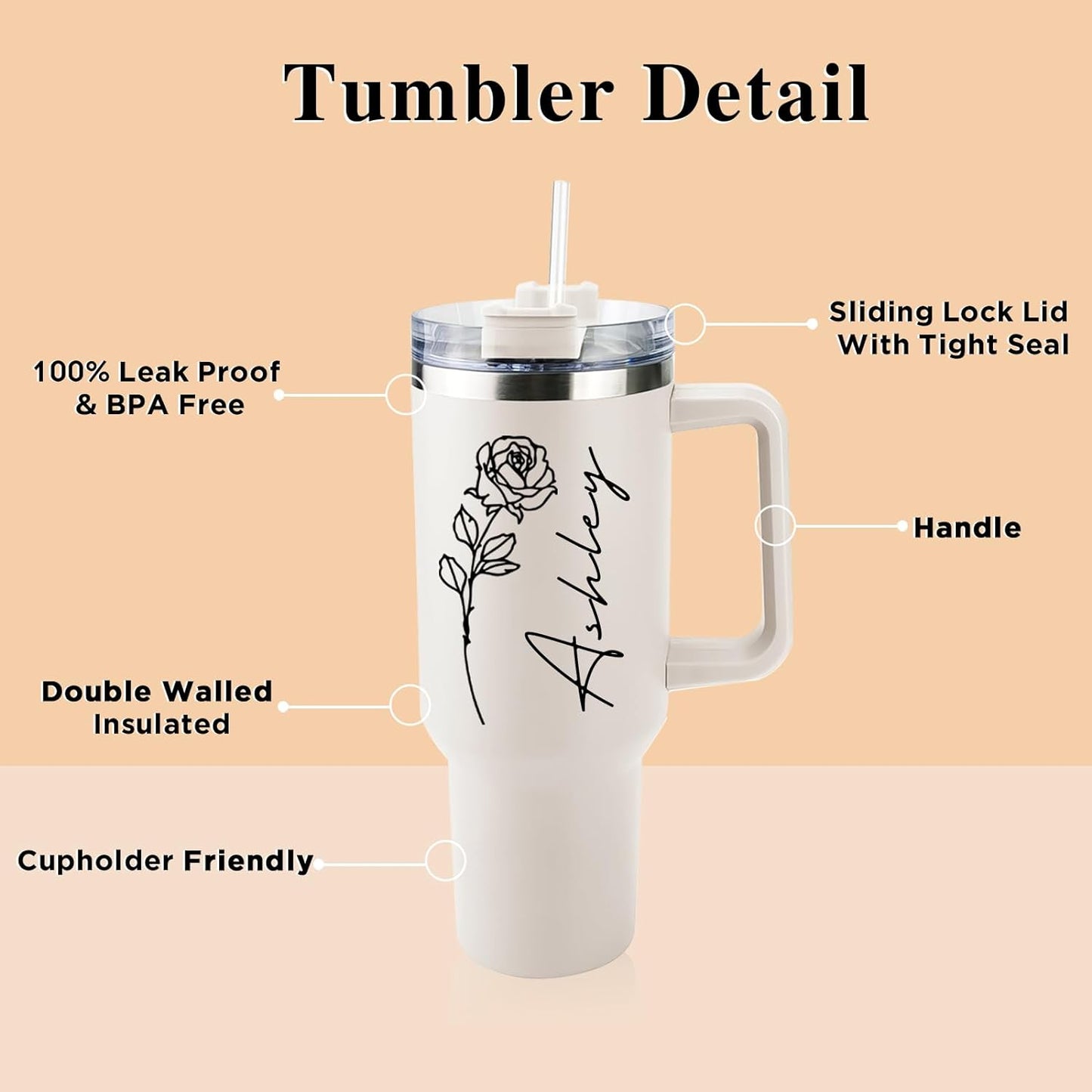 Elemtansy Personalized 40 Oz Tumbler with Handle and Straw, Custom Insulated Stainless Steel Tumbler with Name Travel Coffee Mug Birthday Gift for Women Men