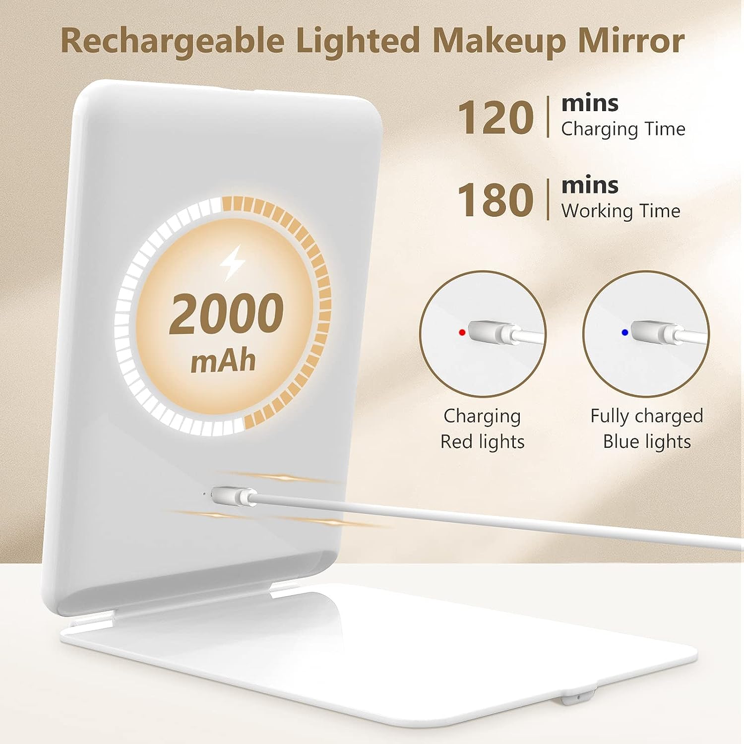 Travel Makeup Mirror with 10X Magnifying Mirror, Vanity Mirror with 80LEDs, 3 Color Lighting, Rechargeable 2000mAh Batteries, Portable Ultra Slim Lighted Makeup Mirror, Travel Essential for Women