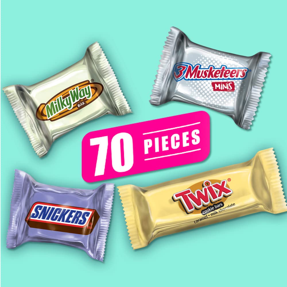 SNICKERS, TWIX, MILKY WAY & 3 MUSKETEERS Assorted Easter Chocolate Candy Bars Variety Pack, 20.26 oz, 70 Piece Bag