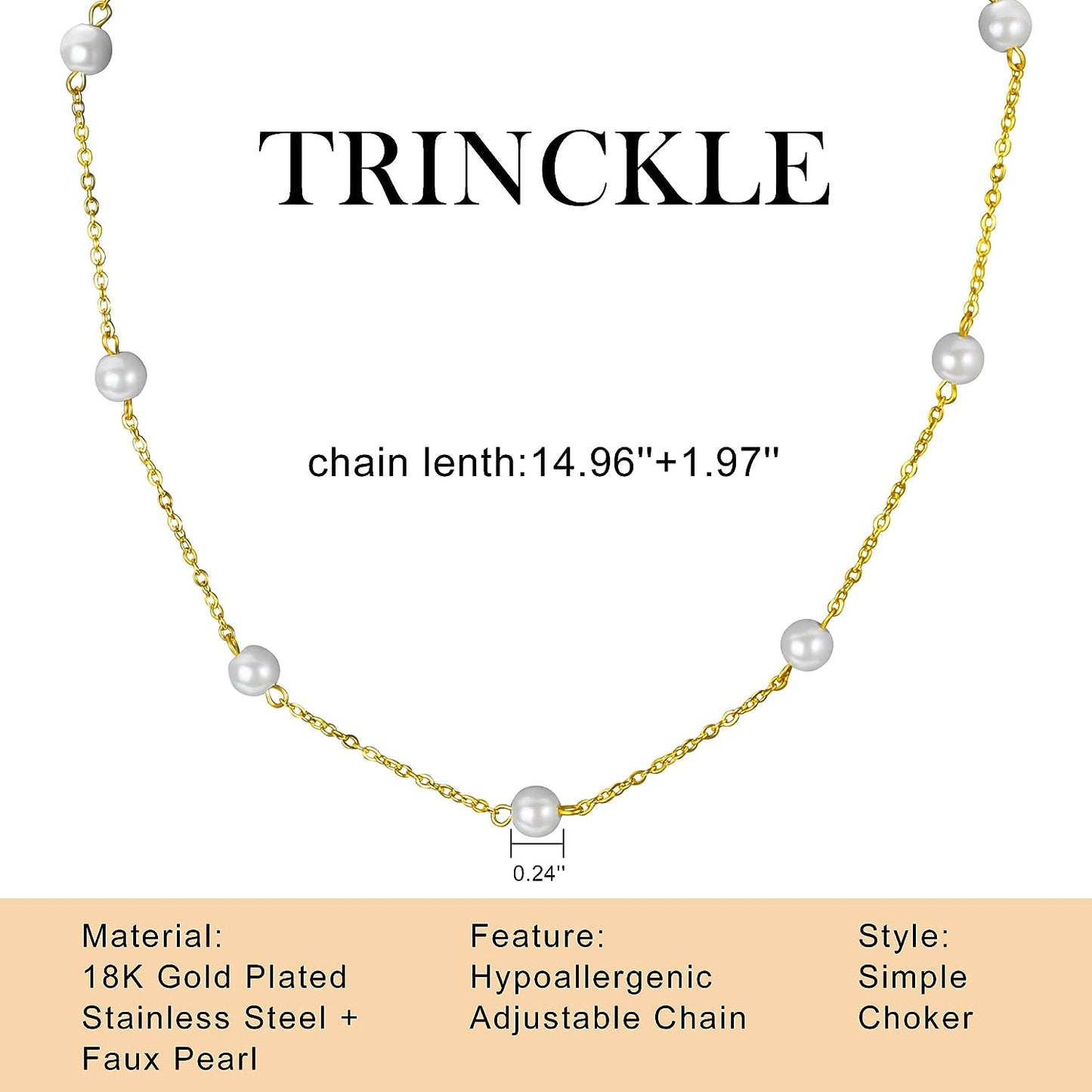 Trinckle Gold Pearl Necklace, Dainty Gold Necklaces Pearl Choker Necklace 15'' Pearl Necklaces for Women Valentines Day Necklace Adjustable Gold Jewelry for Bride as Girls Pearl Jewelry Birthday Gift