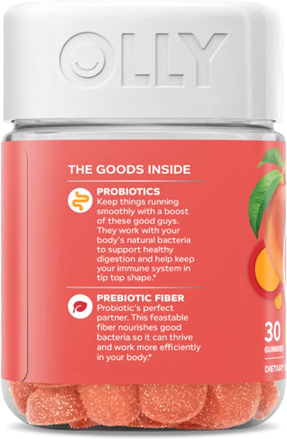 OLLY Probiotic + Prebiotic Gummy, Digestive Support and Gut Health, 500 Million CFUs, Fiber, Adult Chewable Supplement for Men and Women, Peach, 30 Day Supply - 30 Count