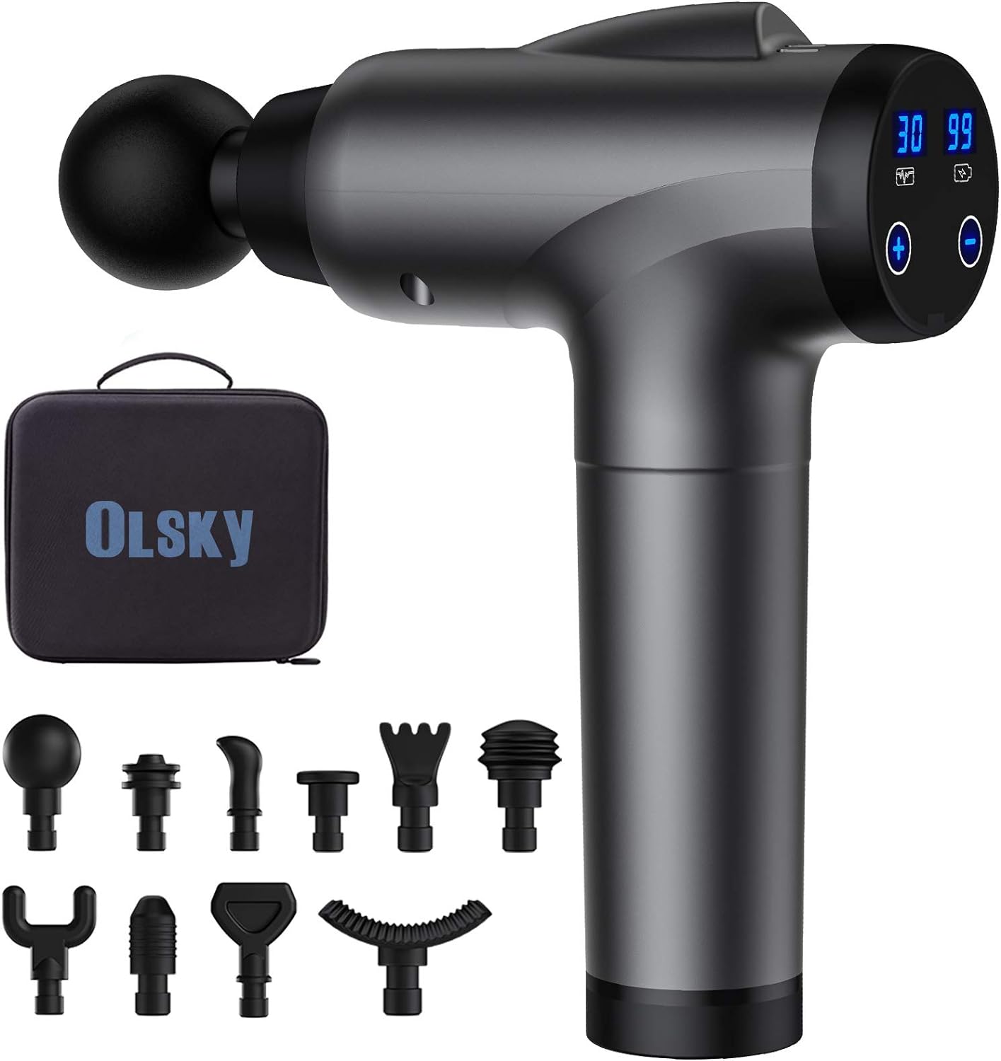 OLsky Massage Gun Deep Tissue, Handheld Electric Muscle Back Massager, High Intensity Percussion Massagers Device for Pain Relief with 9 Attachments & 30 Speed(Grey)