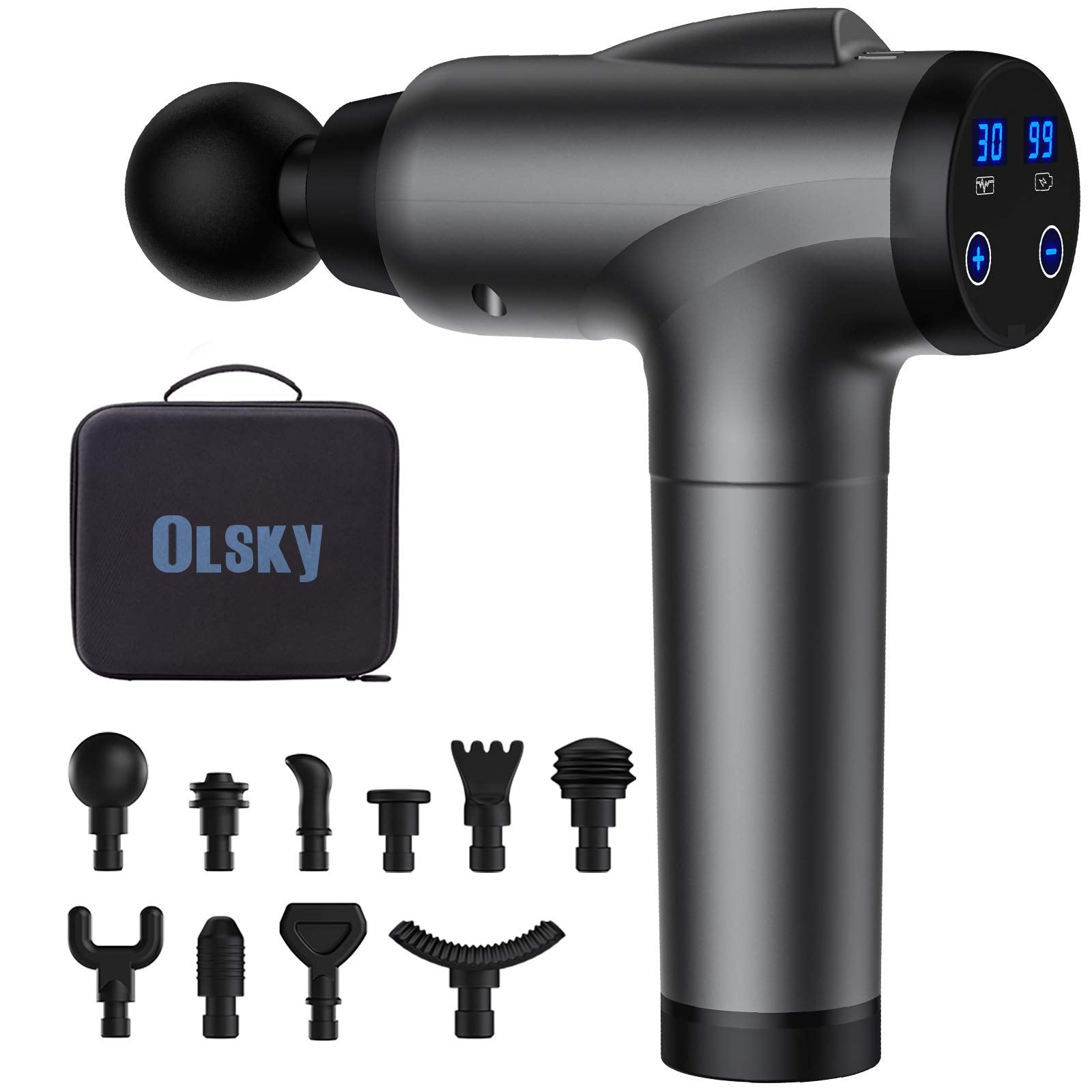 OLsky Massage Gun Deep Tissue, Handheld Electric Muscle Back Massager, High Intensity Percussion Massagers Device for Pain Relief with 9 Attachments & 30 Speed(Grey)