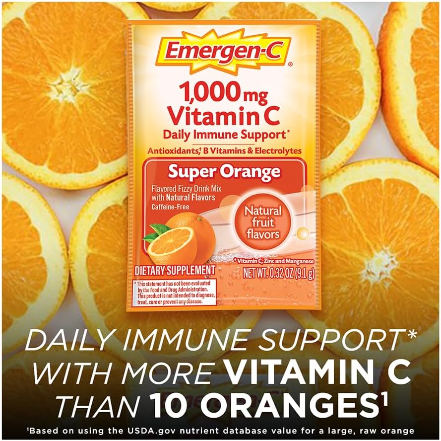 Emergen-C 1000mg Vitamin C Powder for Daily Immune Support Caffeine Free Vitamin C Supplements with Zinc and Manganese, B Vitamins and Electrolytes, Super Orange Flavor - 30 Count