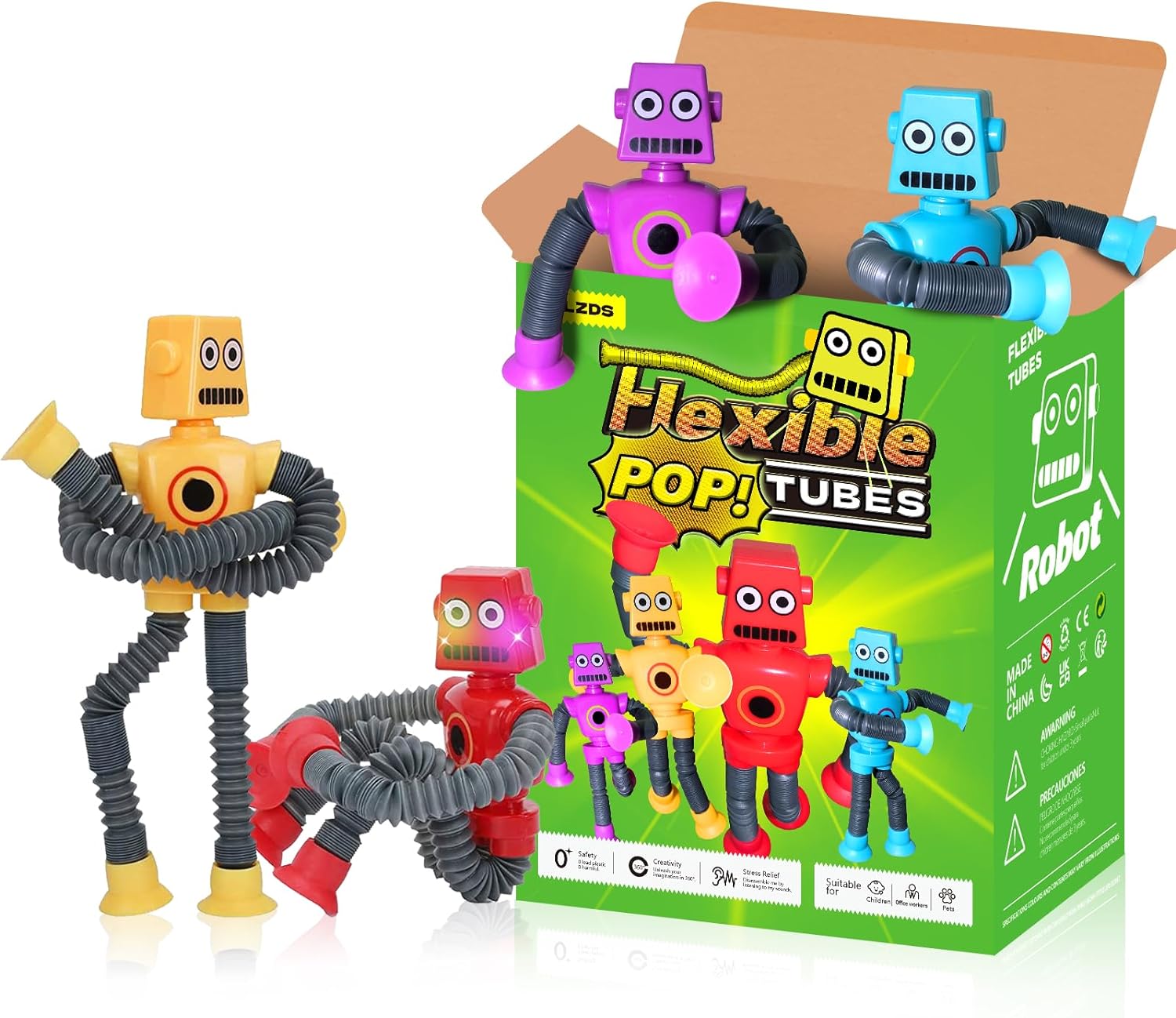 Pop Tubes, Robotics Fidget Tubes Toddler Sensory Toys Pack, Imaginative Play & Stimulating Creative Learning Christmas Gifts (4PCS Robotics Pop Tubes)