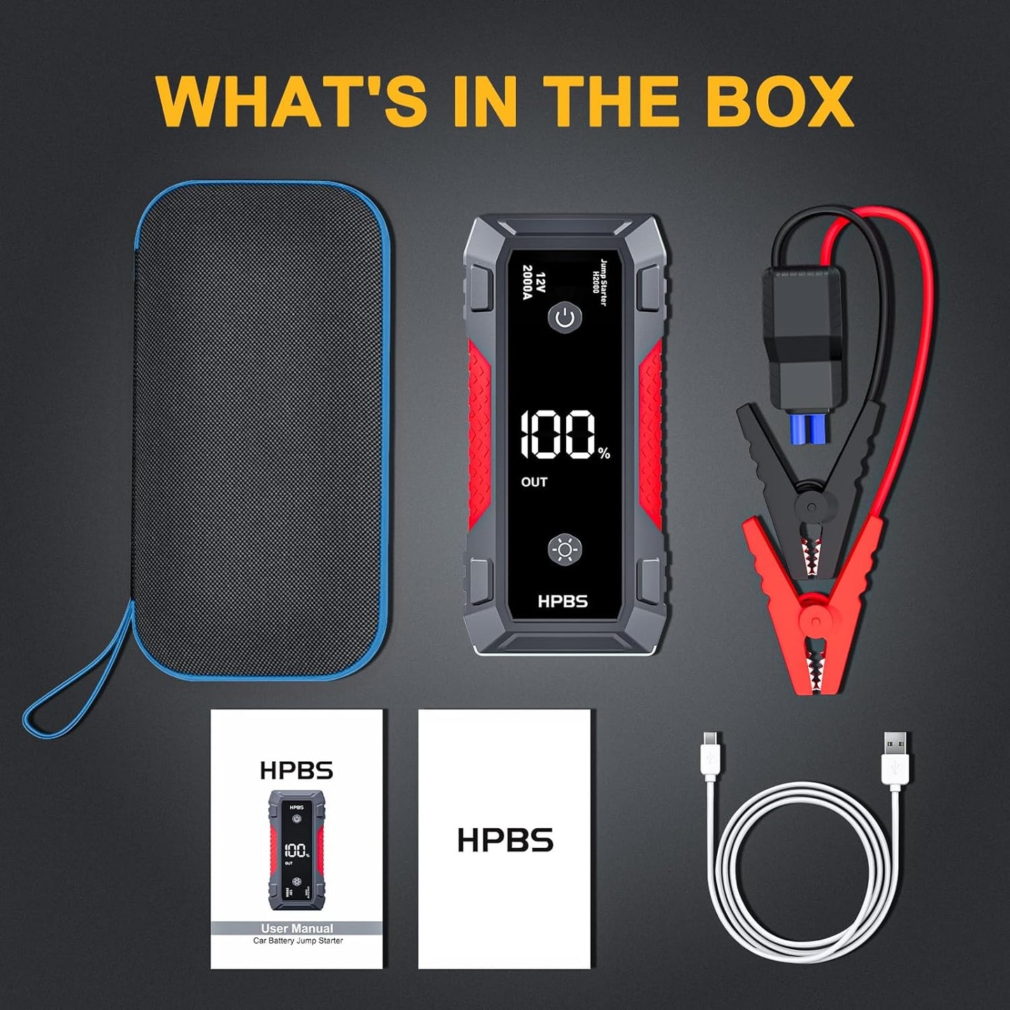 HPBS Jump Starter - 2000A Car Battery Jump Starter for Up to 8L Gas and 6.5L Diesel Engines, 12V Portable Jump Starter Battery Pack with 3.0" LCD Display