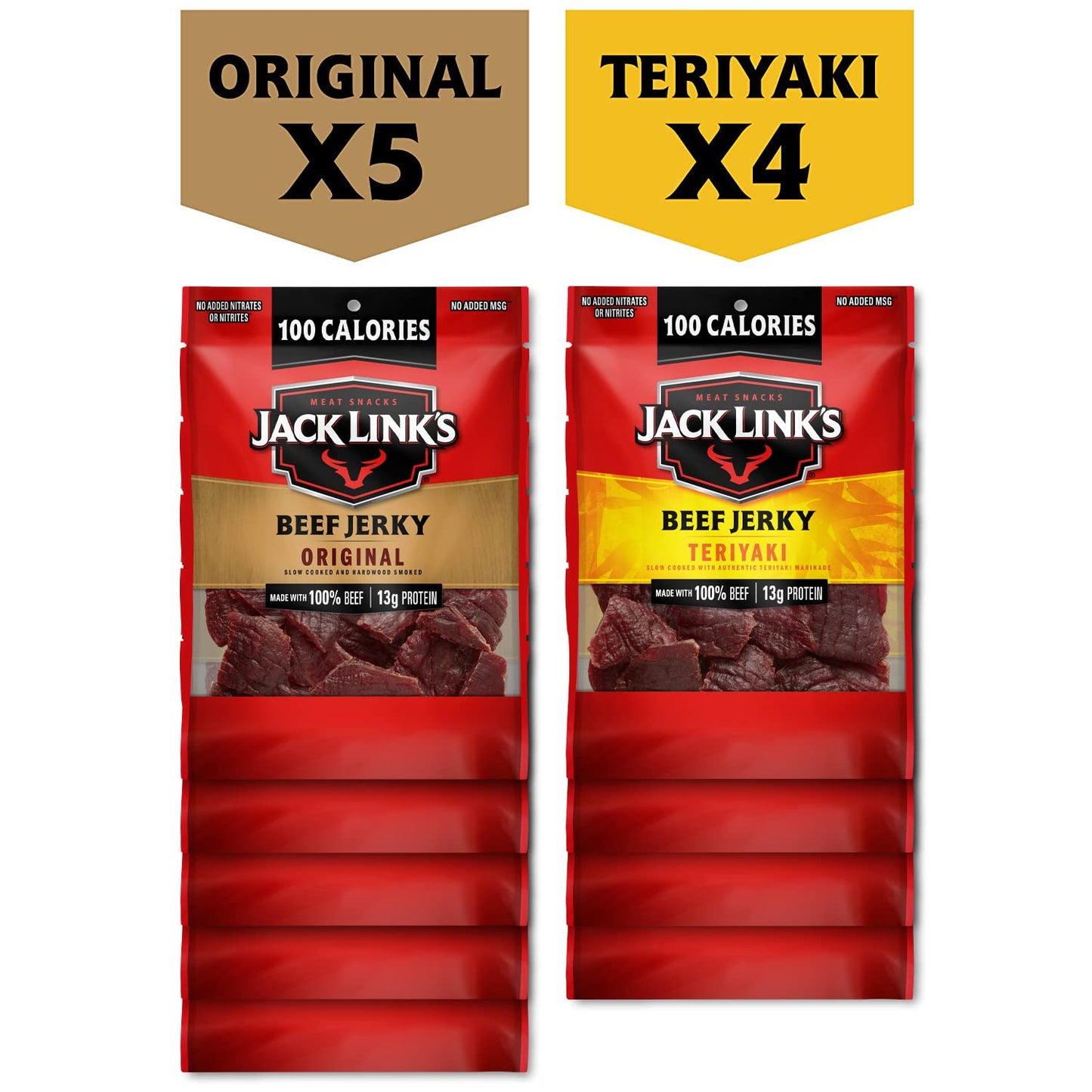 Jack Link's Beef Jerky Variety - Includes Original and Teriyaki Flavors, On the Go Snacks, Great Stocking Stuffer Gift, 13g of Protein Per Serving, 9 Count of 1.25 Oz Bags