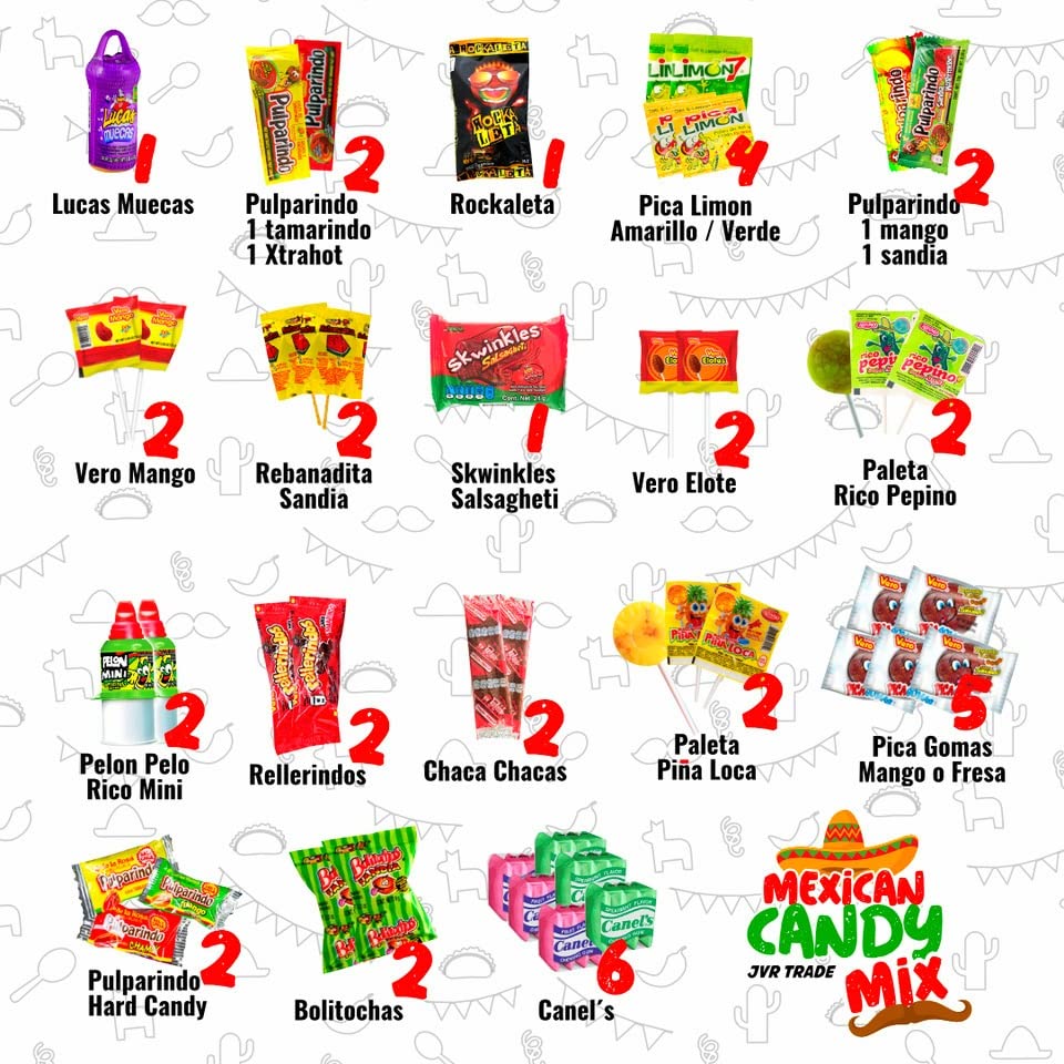 Mexican Candy Mix Assortment Snack (42 Count) Dulces Mexicanos Variety Of Best Sellers Spicy, Sweet, and Sour Bulk candies, Includes Luca, Pelon, Pulparindo, Rellerindo, by JVR TRADE