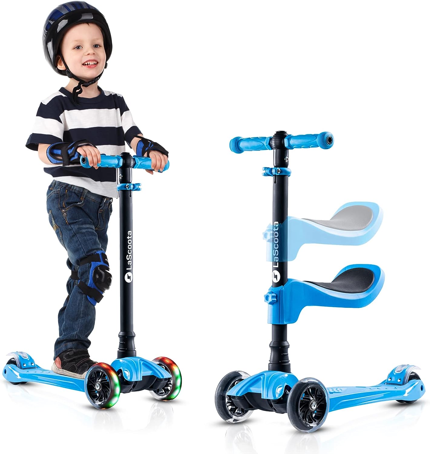 LaScoota 2-in-1 Kids Kick Scooter, Adjustable Height Handlebars and Removable Seat, 3 LED Lighted Wheels and Anti-Slip Deck, for Boys & Girls Aged 3-12 and up to 100 Lbs.