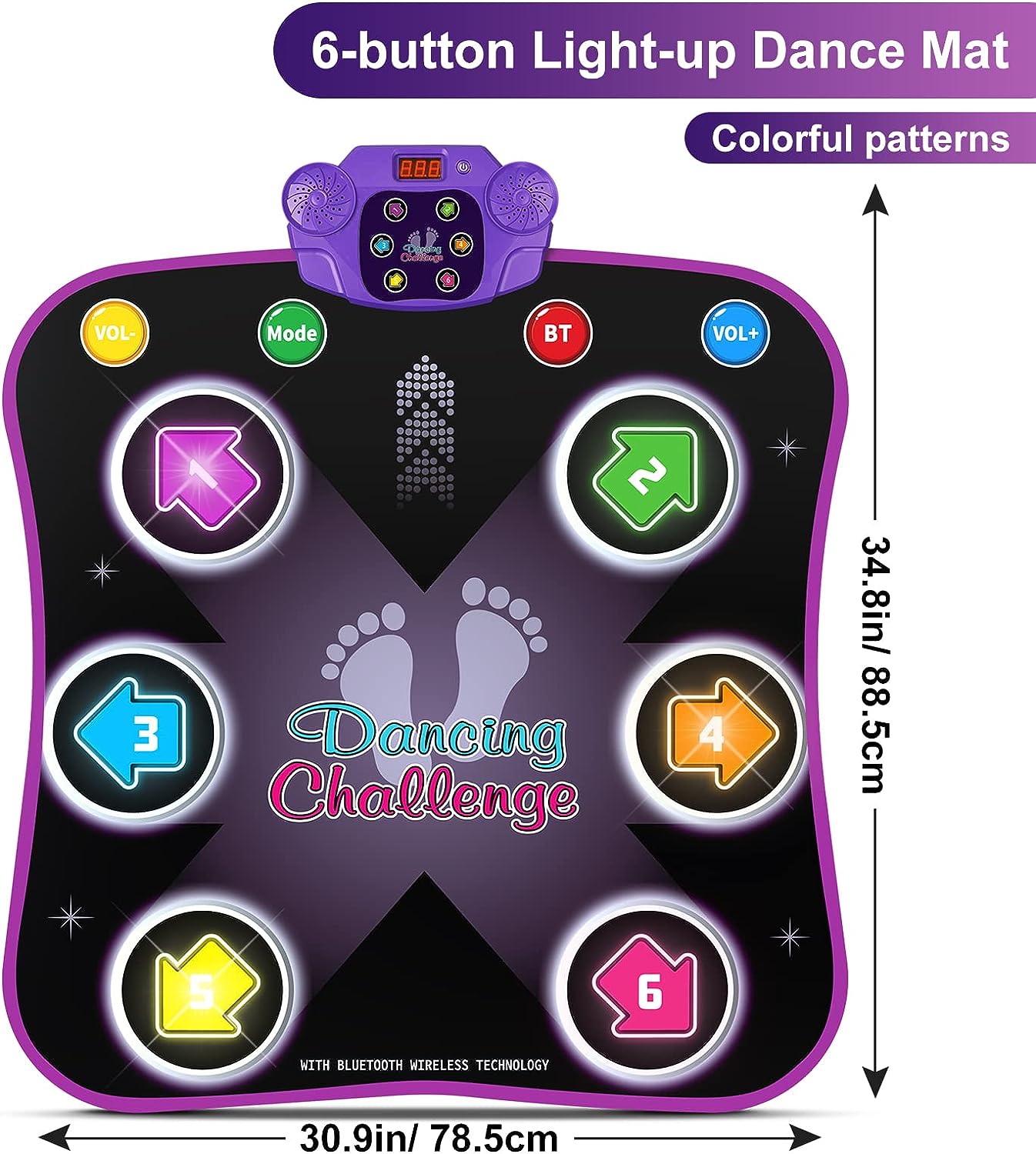 Flooyes Dance Mat Toys for 3-12 Year Old Kids, Electronic Dance Pad with Light-up 6-Button Wireless Bluetooth, Music Dance with 5 Game Modes, Christmas Toys Gifts for 3 4 5 6 7 8 9 10+ Year Old Girls