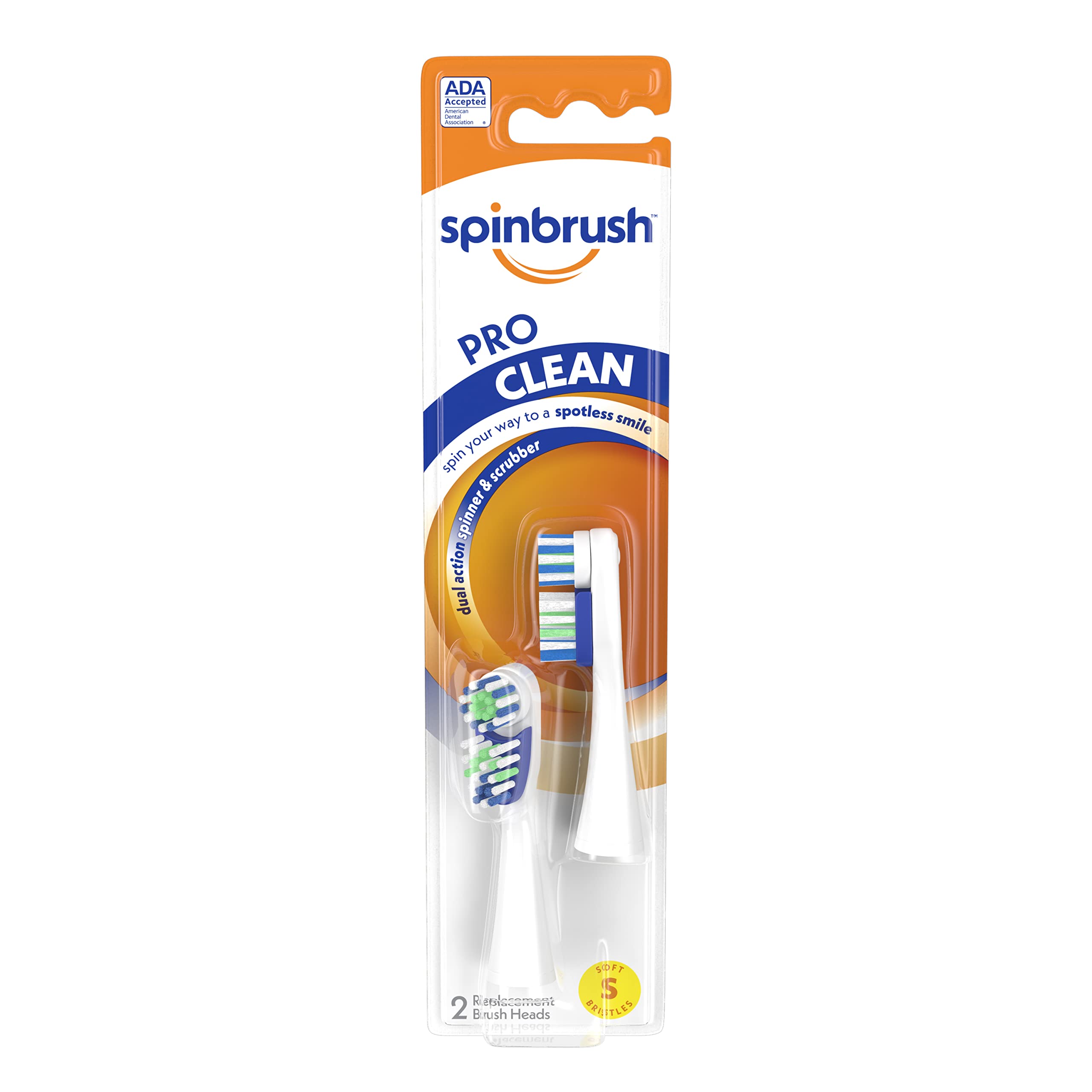 Spinbrush Pro Clean Replacement Heads, Soft Bristles, For Battery Toothbrush, 2-Pack