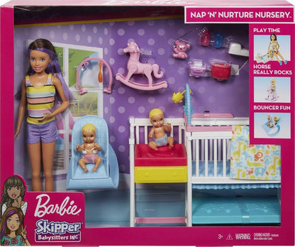 Barbie Nursery Playset with Skipper Babysitters Inc. Doll, 2 Baby Dolls, Crib and 10+ Pieces of Working Baby Gear and Themed Toys, For 3 to 7 Year Olds