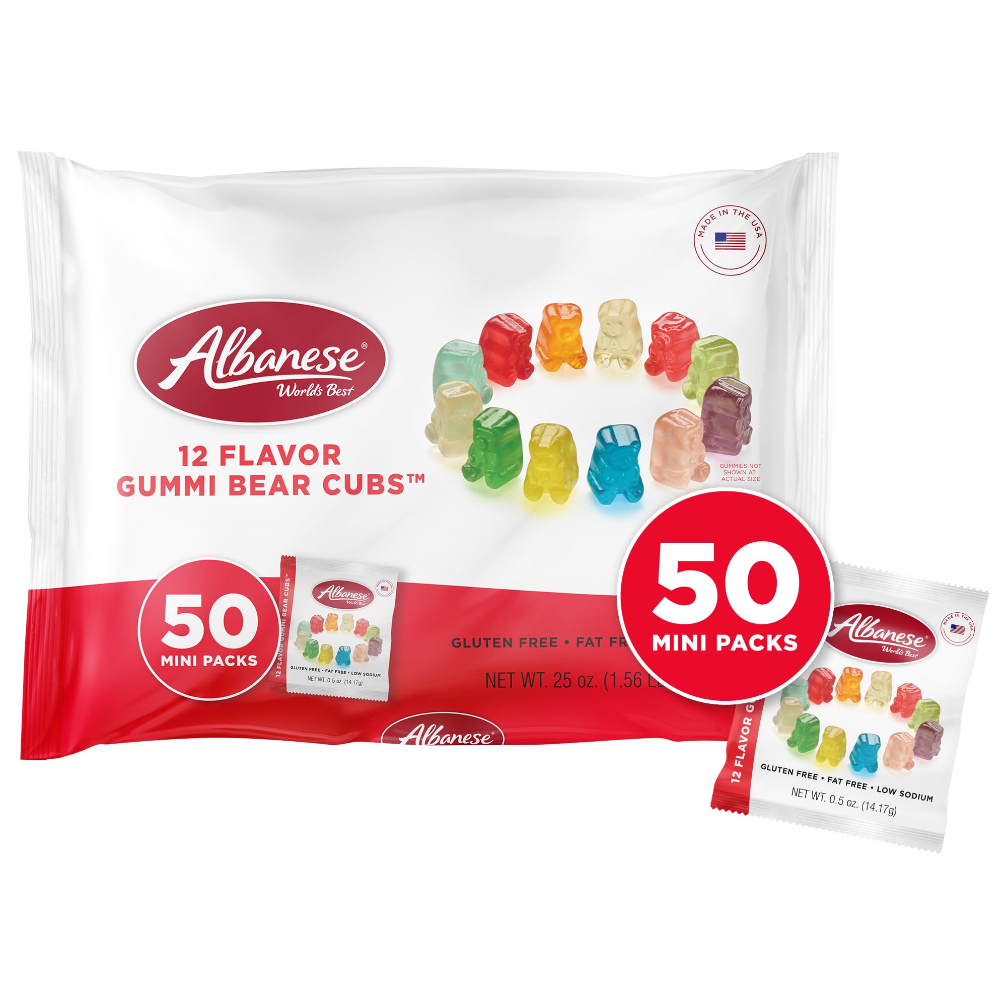 Albanese World's Best Gummi Snack Packs, 12 Flavor Gummi Bear Cubs, 50 mini packs of Candy