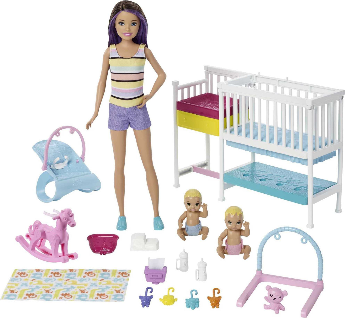 Barbie Nursery Playset with Skipper Babysitters Inc. Doll, 2 Baby Dolls, Crib and 10+ Pieces of Working Baby Gear and Themed Toys, For 3 to 7 Year Olds