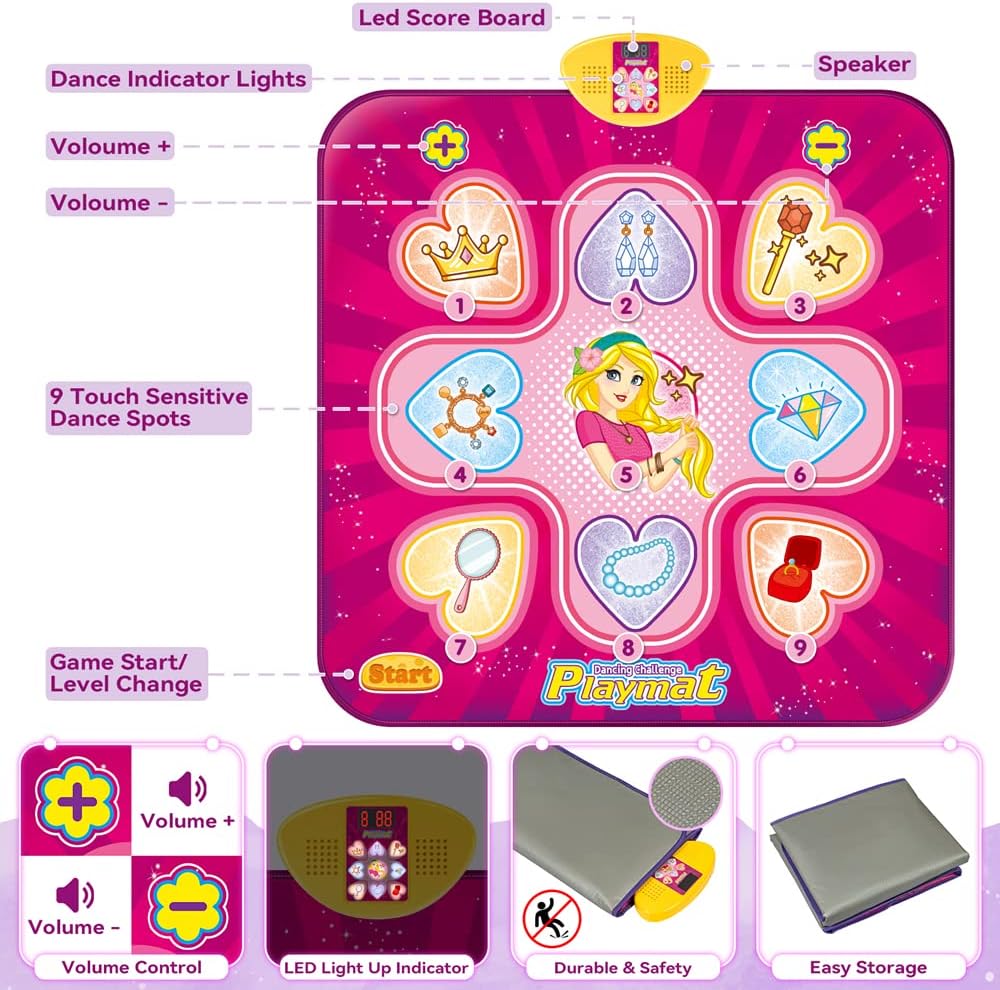 Dance Mat, Toys for 3 4 5 6 7 8+ Year Old Girls, Electronic Musical Play Mats Dance Pad with LED Light, Dance Game Toy Gift for Kids, 7 Game Modes, Christmas Birthday Gifts for Age 3-10 Year Old Girls