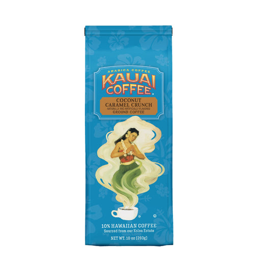 Kauai Hawaiian Ground Coffee, Coconut Caramel Crunch Flavor (10 Ounces) - 10% Hawaiian Coffee from Hawaii's Largest Coffee Grower - Bold, Rich Blend