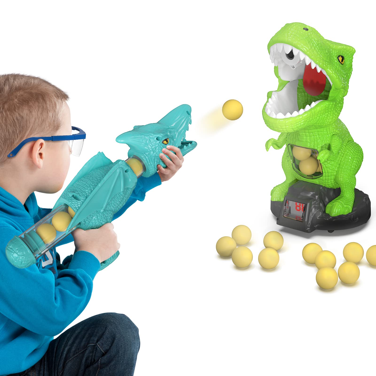 Babyhome Movable Dinosaur Shooting Toys for Kids 3 4 5 6 7+ Years, Tyrannosaurus Target with Water Mist Spray and Pterosaur Air Pump Foam Blaster(Green)