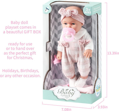 Enjoyin 12'' Baby Doll in Gift Box with Pink Cloths, Pacifier, 13''x13'' Microfabric Blanket, and Feeding Bottle. Gift Idea for Ages 3+