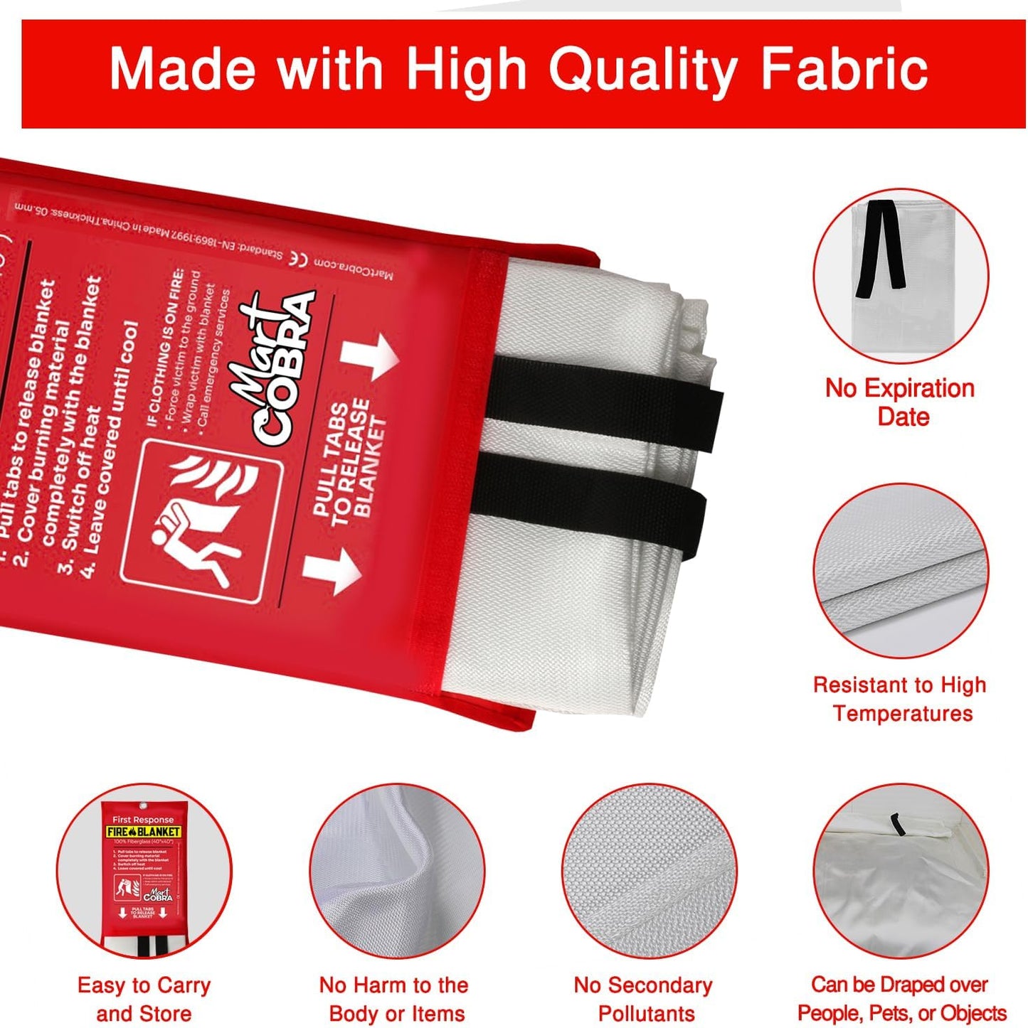 Mart Cobra Fire Blanket for Home Safety x2 Emergency Fire Blanket for Kitchen Fiberglass Fire Blankets Fireproof Blanket House Fire Safety Flame Retardant Fabric Home Safety Tarp Grease Spray