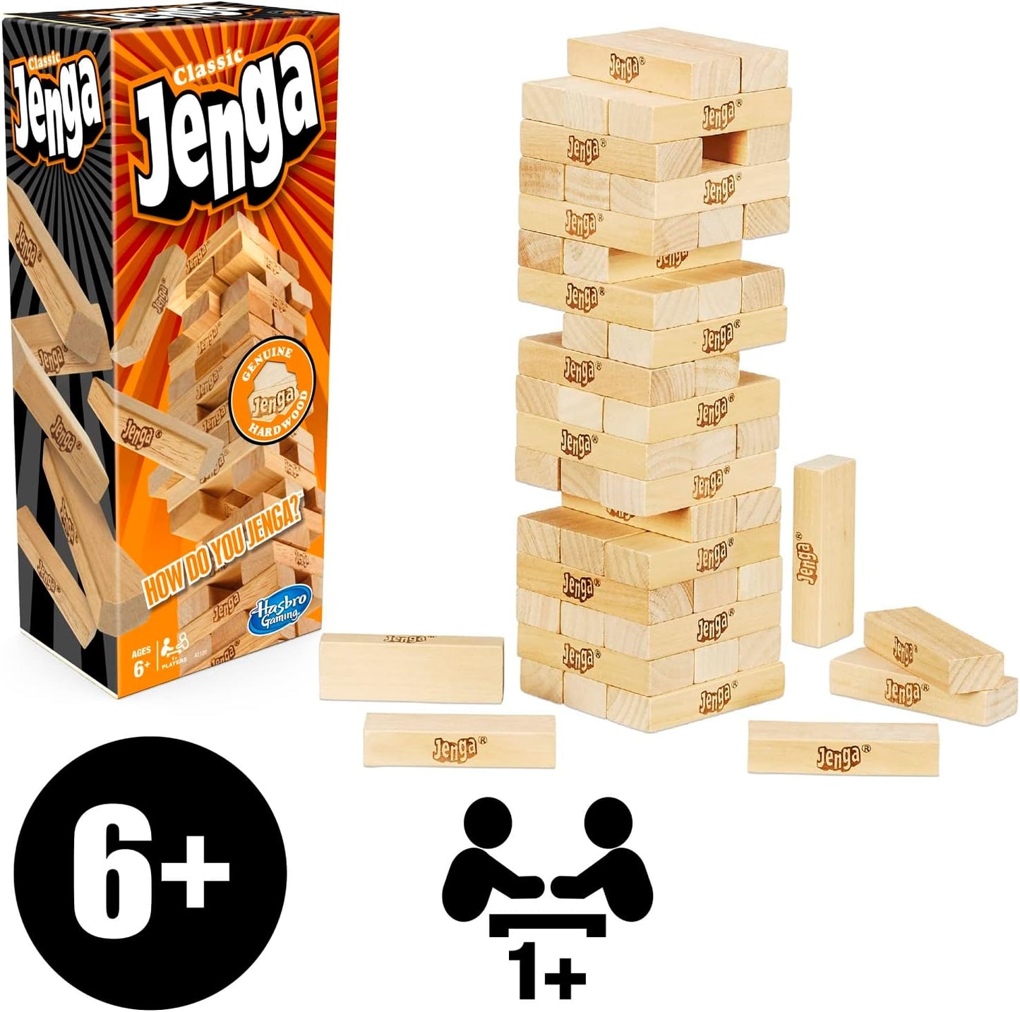 Jenga Classic Game with Genuine Hardwood Blocks, Stacking Tower Game for 1 or More Players, Kids Ages 6 and Up