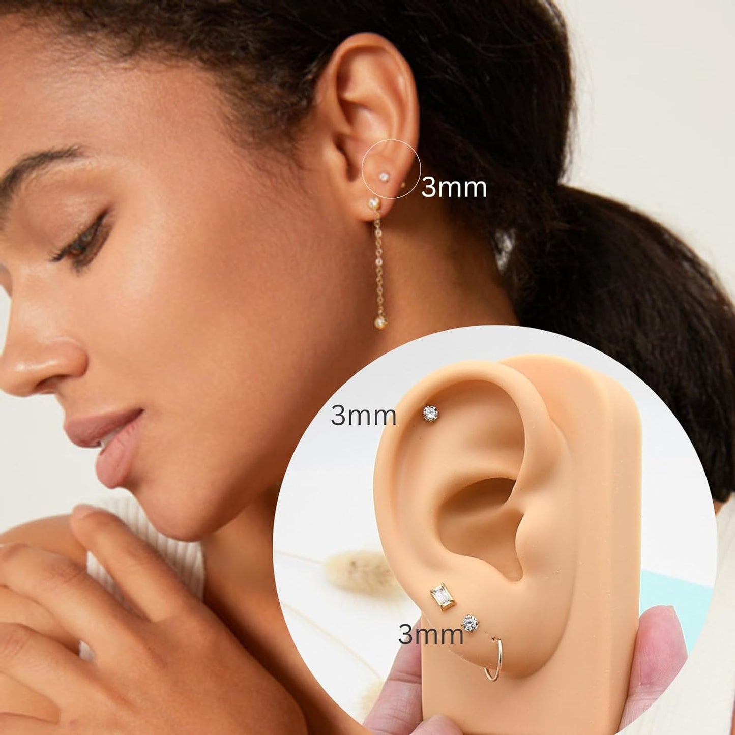 Small Gold Stud Flat Back Earrings for Women 14k Gold, Hypoallergenic Flatback Cartilage Earring Stud, Helix Conch Tragus Piercing Jewelry, Screw Back Tiny Earrings Studs (Gold, Green Emerald)