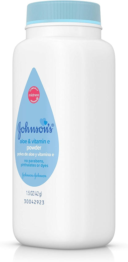 Johnson's Baby Naturally Derived Cornstarch Baby Powder with Aloe and Vitamin E for Delicate Skin, Hypoallergenic and Free of Parabens, Phthalates, and Dyes for Gentle Baby Skin Care, 1.5 oz