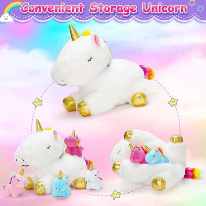 KMUYSL Unicorn Toys for Girls Ages 3 4 5 6 7 8+ Year - Unicorn Mommy Stuffed Animal with 4 Baby Unicorns in Her Tummy, Valentines and Birthday Gifts, Soft Plush Set for Baby, Toddler, Kids