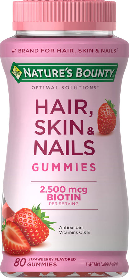 Nature's Bounty Optimal Solutions Hair, Skin & Nails Vitamin Gummies with Biotin, 2500 mcg, Strawberry, 80 Count Bottles