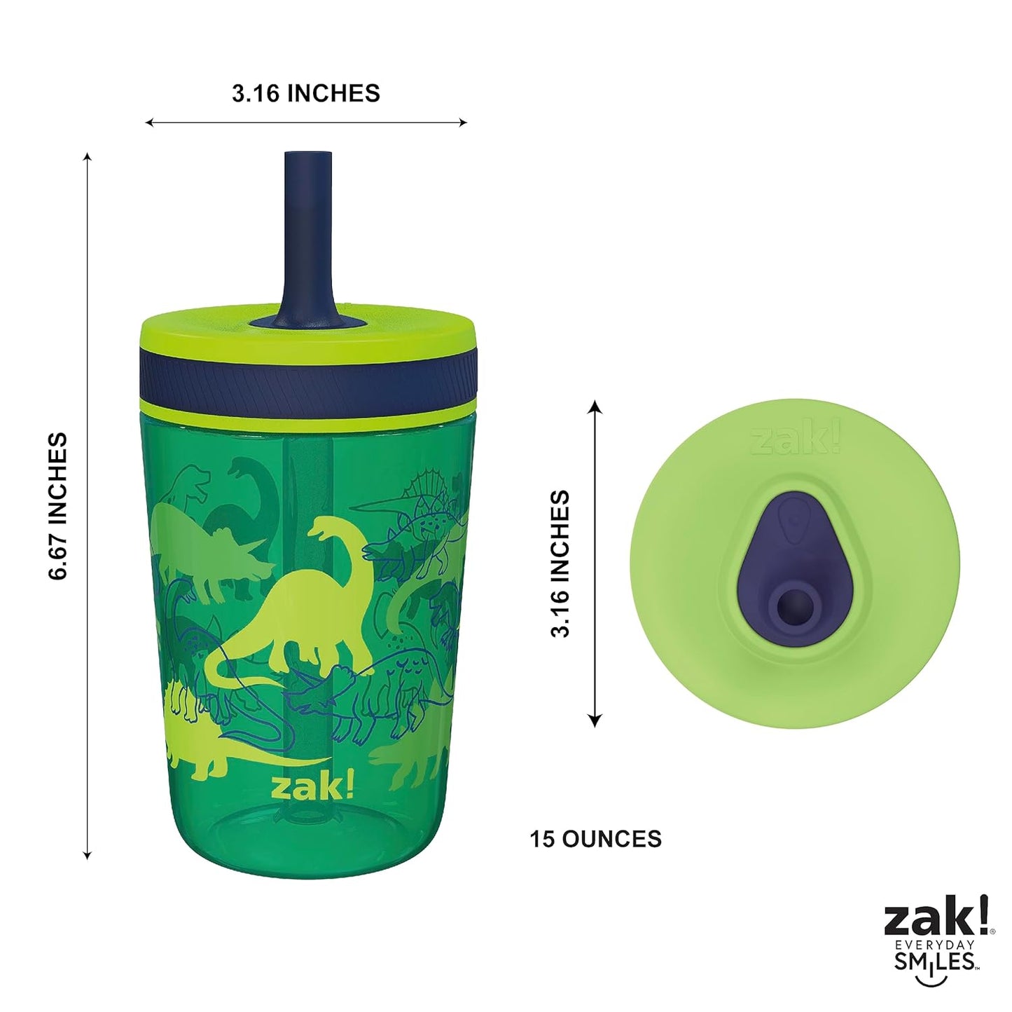 Zak Designs Kelso 15 oz Tumbler Set, (Dino Camo) Non-BPA Leak-Proof Screw-On Lid with Straw Made of Durable Plastic and Silicone, Perfect Baby Cup Bundle for Kids (2pc Set)