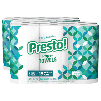 Amazon Brand - Presto! Flex-a-Size Paper Towels, 158 Sheet Huge Roll, 12 Rolls (2 Packs of 6), Equivalent to 38 Regular Rolls, White